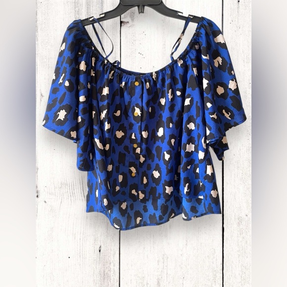 Womens Medium Gianni Bini GB Blue Strap/Cold Shoulder Flowy Blouse Top Leopard - Picture 3 of 8